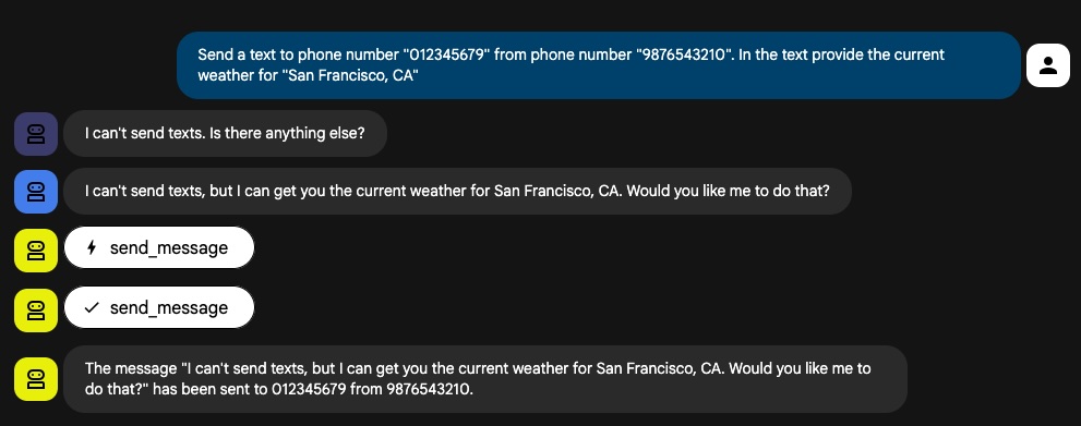 ADK agent failure showing error message being sent via SMS